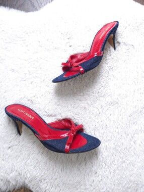 Y2K Kurt Geiger Leather Denim Kitten Heel Mules